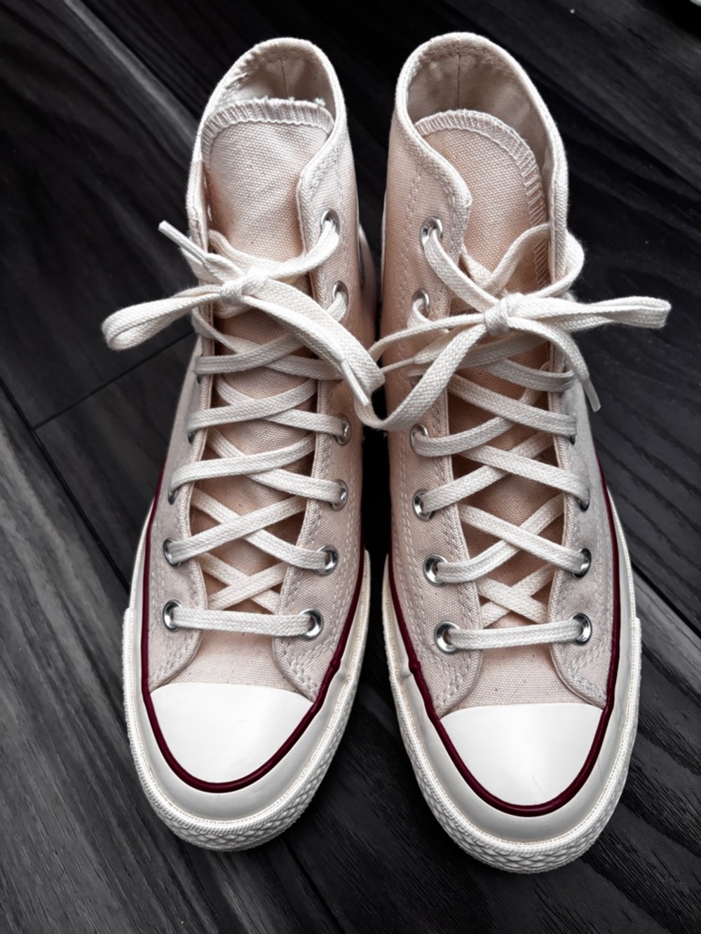 Converse High-Top Canvas Sneakers in Light Beige with Burgundy Stripe